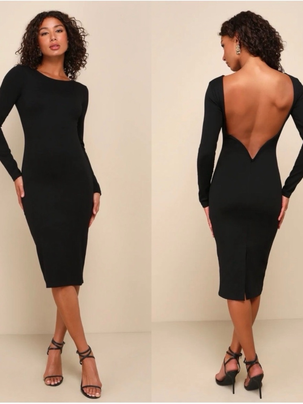 NWT Lulu's Black Long-Sleeve Midi Dress with Deep V Sexy Open Back
